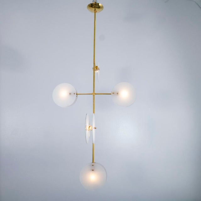 Modern brass chandelier with opaline glass shades For Sale In New York - Image 6 of 12