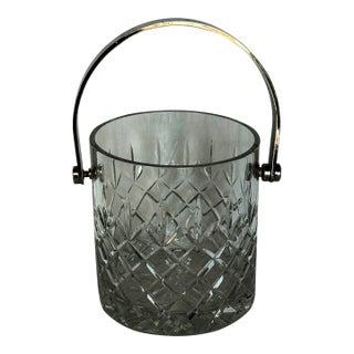 Vintage 1970s Silver Plate and Crystal Ice Bucket, Diamond Pattern, Swinging Handle For Sale