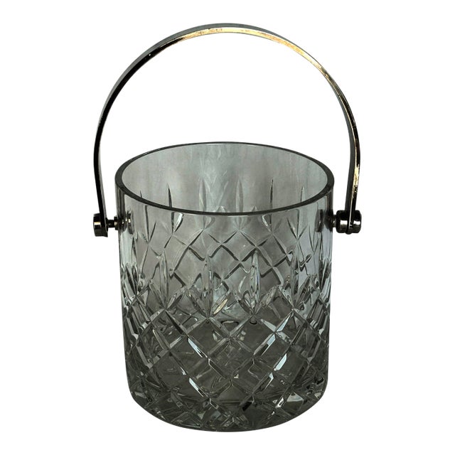 Vintage 1970s Silver Plate and Crystal Ice Bucket, Diamond Pattern, Swinging Handle For Sale