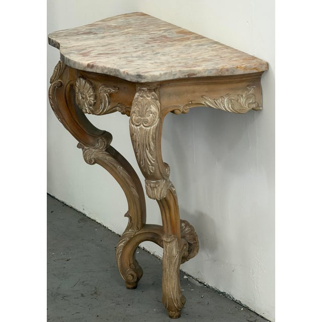 Rococo Vintage Marshall Field & Company Spanish Reproduction Marble-Top Demi-Lune Console Table For Sale - Image 3 of 9