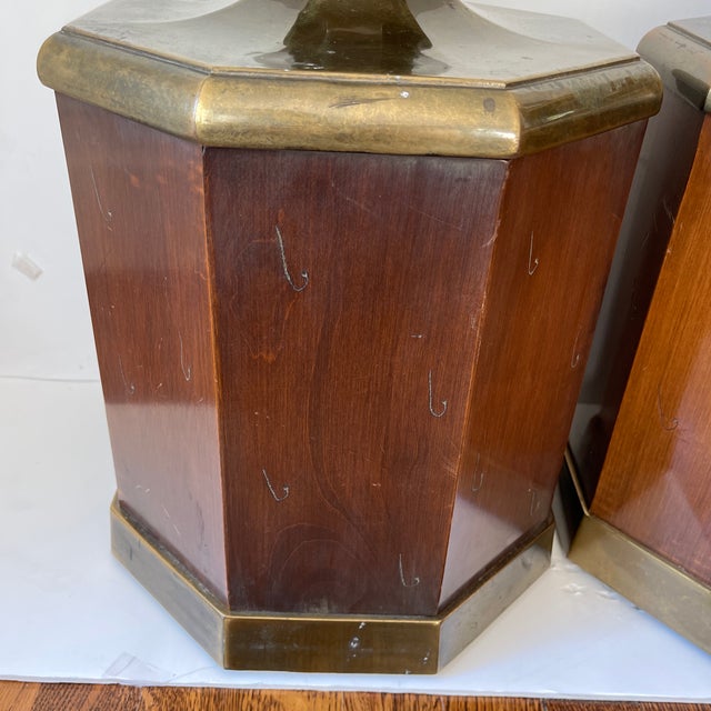 1960s Large Walnut and Brass Octagonal Shaped Lamps - a Pair For Sale - Image 4 of 13