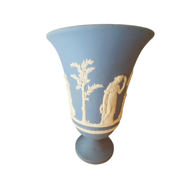 English Vintage Wedgwood Blue Jasperware Vase with Sacrifice White Classicsl Figures For Sale - Image 3 of 12