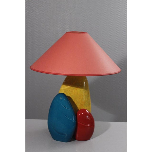 Large François Chatain lamp in speckled yellow, cobalt blue, and light red glazed ceramic, with its original lampshade....