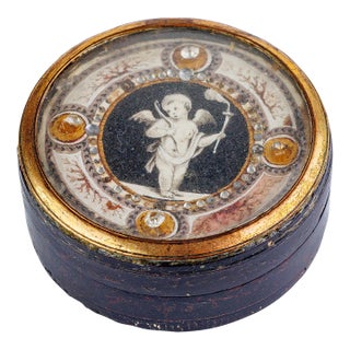 Antique French/Italian Presentation Box With Grisaille Cupid Miniature & Jeweled Border, 18th Century Style For Sale