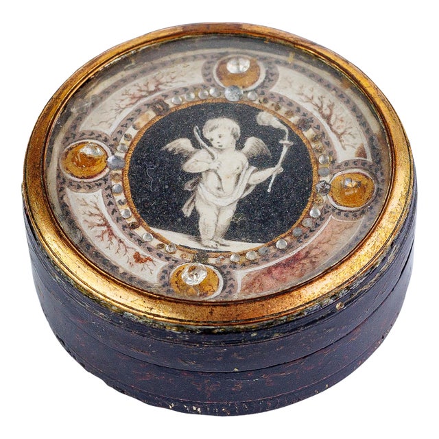 Antique French/Italian Presentation Box With Grisaille Cupid Miniature & Jeweled Border, 18th Century Style For Sale