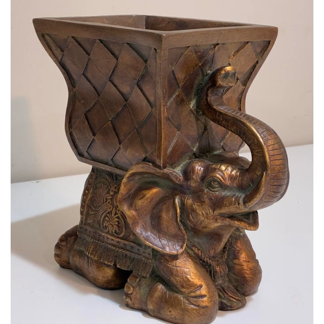 Vintage Hollywood Regency Elephant Cachepot Pair in Antiqued Gold For Sale - Image 4 of 12