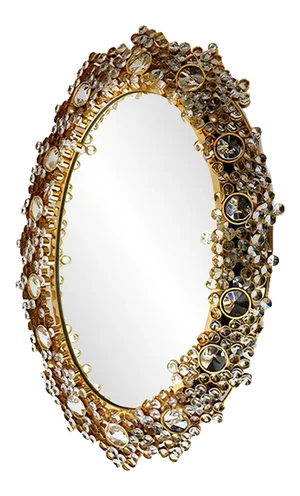 German Gilt Brass & Crystal Oval Mirror by Palwa for Palwa, 1970s