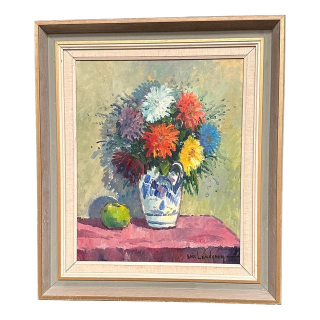 Eric Lundgren, Asters in Ceramic Vase, 1950s, Oil on Canvas, Framed For Sale
