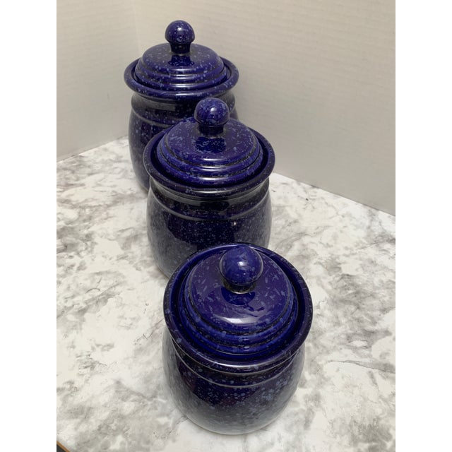 1990s Vintage Cobalt Blue Pottery Ceramic Storage Containers, Set of Three For Sale - Image 5 of 6