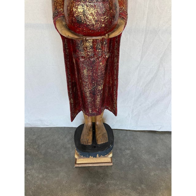 Asian Vintage Buddha Buddhist Carved Wood Burmese Thai Monk Statue For Sale - Image 3 of 16