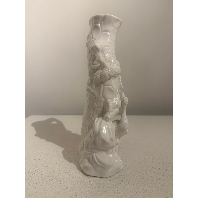 Chinoiserie Vintage White Porcelain Crane & Foliage Sculptural Vase For Sale - Image 3 of 6