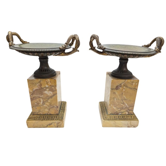 Pair of 19th-Century Bronze Tazzas Featuring Gilt Snake Handles and Siena Marble Stands For Sale In Los Angeles - Image 6 of 16