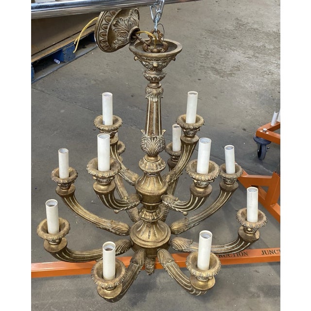 Gold Vintage 12 Light Arm Large Traditional Classic Grand Carved Chandelier For Sale - Image 8 of 8