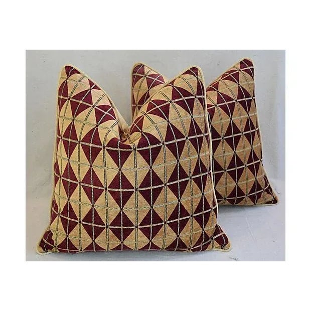 Burgundy Custom Diamond Velvety Chenille & Velvet Feather/Down Pillows 24" Square - Pair For Sale - Image 8 of 9