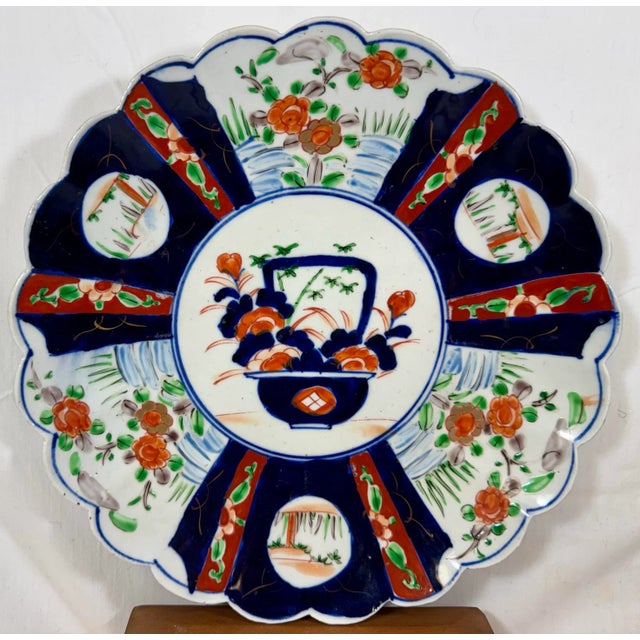 Large Antique Scalloped Edge Porcelain Imari Plate Decorated With Rich Colored Floral & Landscape Scenes From Japan - Circa 1880 For Sale In Dallas - Image 6 of 11