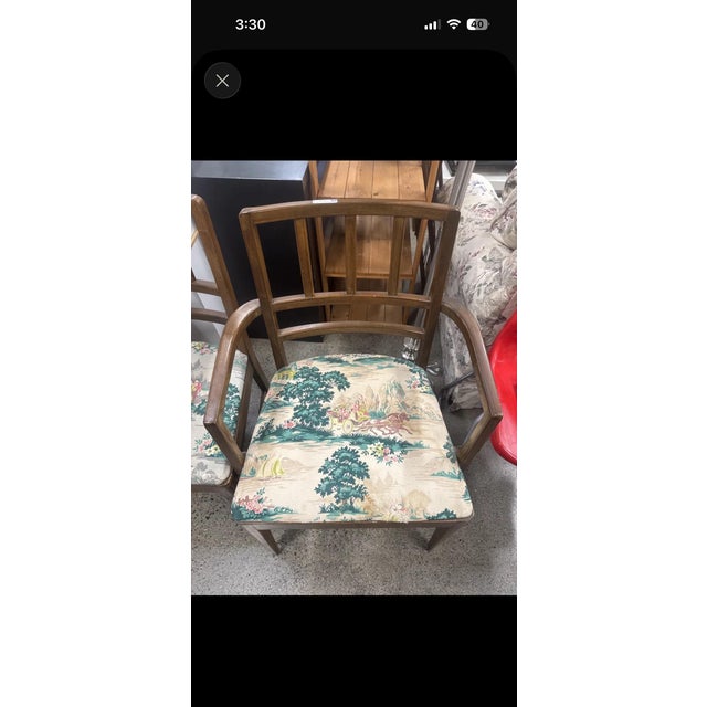 Wood Pair of 1940s Mid-Century Slat-Back Dining Chairs, Newly Reupholstered in Botanical Print For Sale - Image 7 of 7
