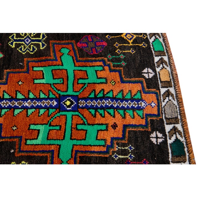 Vintage Brown Turkish Handmade Multicolor Tribal Pattern Wool Runner For Sale - Image 9 of 11