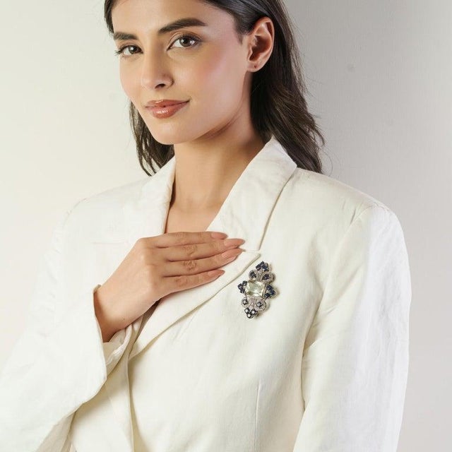 Vintage-Inspired Green Amethyst & Blue Sapphire Diamond Brooch Pendant For Sale - Image 10 of 13