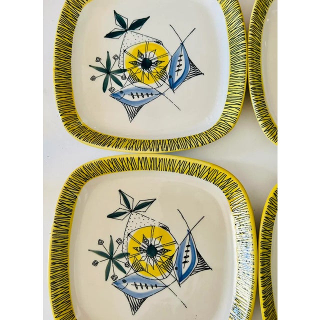 Ceramic 1960s Norwegian Flamingo Square Side Plates With Abstract Fish Design- Set of 4 For Sale - Image 7 of 7