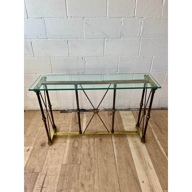 Vintage Hollywood Regency Brass and Glass Console Table With Bronze Supports For Sale In New York - Image 6 of 10