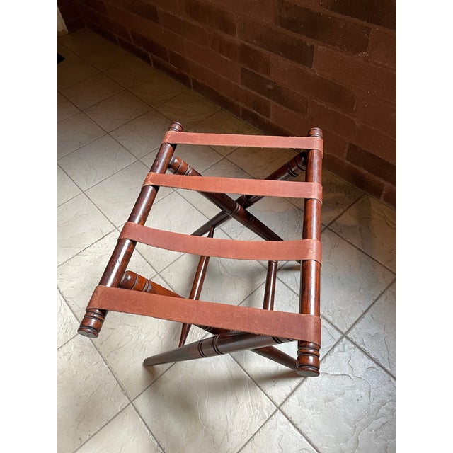 English Vintage 1940s Ralph Lauren Style Wooden Folding Luggage Rack With Original Leather Straps For Sale - Image 3 of 12