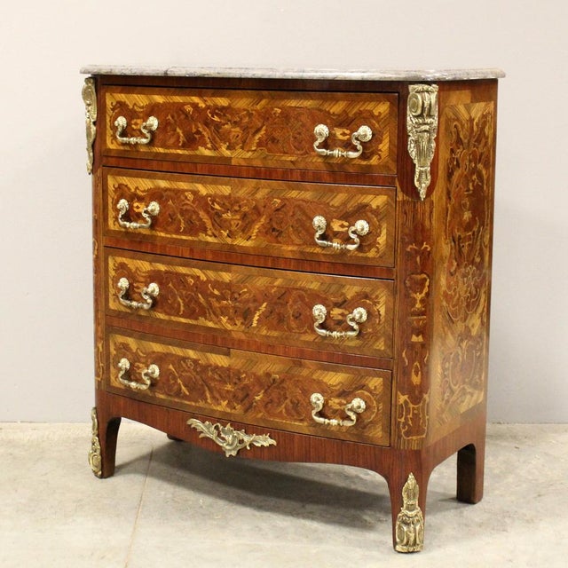 Napoleon III marquetry chest of drawers, with a marble top and beautiful original gilded bronzes - note the small size...