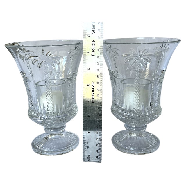 Vintage Palm Beach Regency Cut Lead Crystal Palm Tree Hurricane Lanterns With Votive Inserts and Taper Holders- a Pair For Sale In Jacksonville, FL - Image 6 of 7
