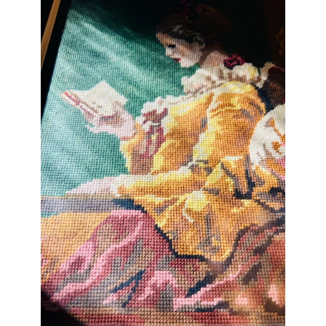 1970s Vintage Danish Needlepoint Art – Woman Reading – Framed Under Glass (C. 1960s–1970s) For Sale - Image 5 of 6