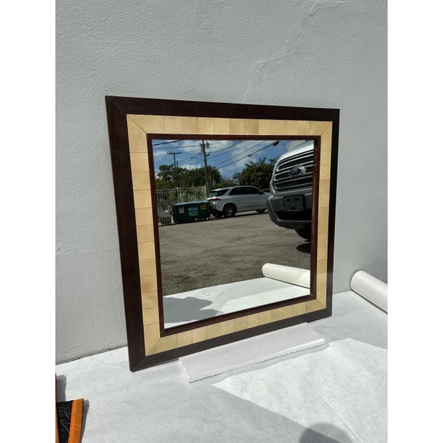 JMF style parchment and exotic wood framed mirror by Ron Seff. Beveled and Dual wood frame with parchments frame surround....