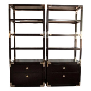 Williams Sonoma Black Lacquer Bookshelves With Nickel Hardware, Pair For Sale
