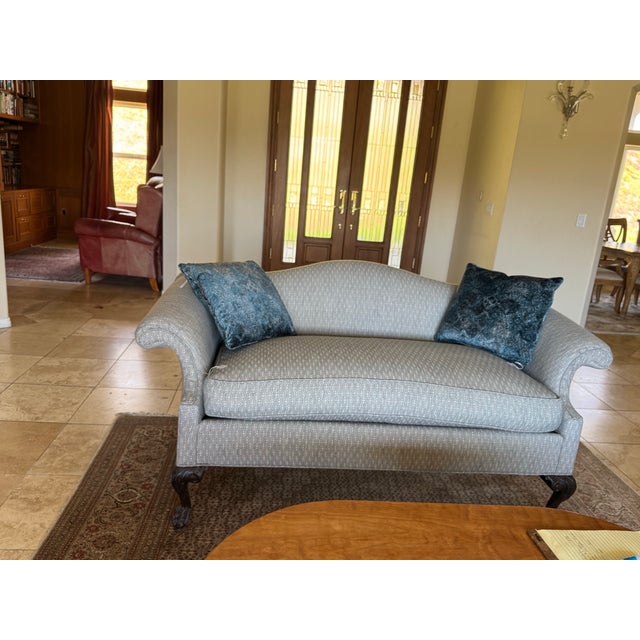 Vintage Reproduction Camelback Newly Upholstered Sofa With Coordinating Custom Blue Velvet Accent Pillows For Sale - Image 12 of 12
