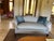 Vintage Reproduction Camelback Newly Upholstered Sofa With Coordinating Custom Blue Velvet Accent Pillows For Sale - Image 12 of 12