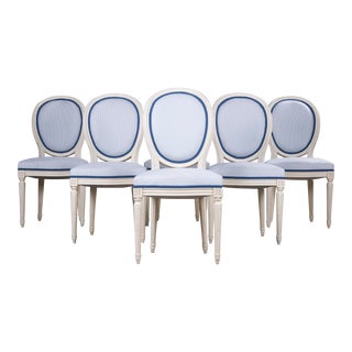 Antique French Louis XVI Style Painted Dining Chairs W/ Striped White and Blue Fabric - Set of 6 For Sale