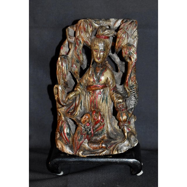Vtg. Carved Asian Style Soapstone Goddess Statue on Wood Base For Sale In Philadelphia - Image 6 of 15