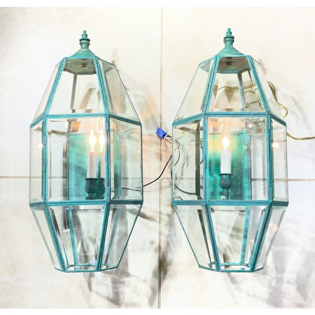 Exquisite Pair of Vintage Solid Brass Hexagonal Wall Lanterns For Sale - Image 4 of 17