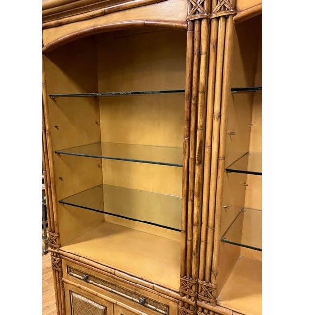 Wood Regency Coastal Style Faux Bamboo Fruitwood Bookcases / Display Cabinets - S/2 For Sale - Image 7 of 11