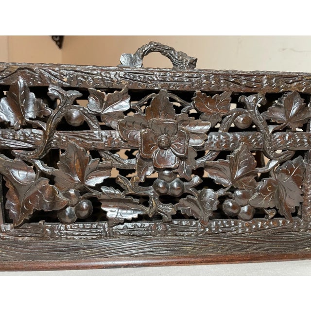 Brown Antique Hand Carved German Black Forest Wood Reticulated Floral Dresser Box For Sale - Image 8 of 17