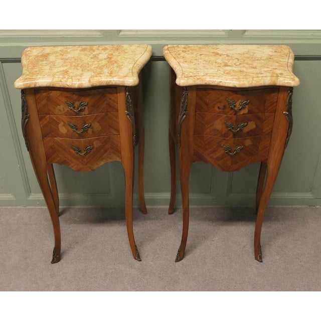 French Marquetry and Marble Bombe Shaped Bedside Tables, Set of 2 For Sale - Image 3 of 8