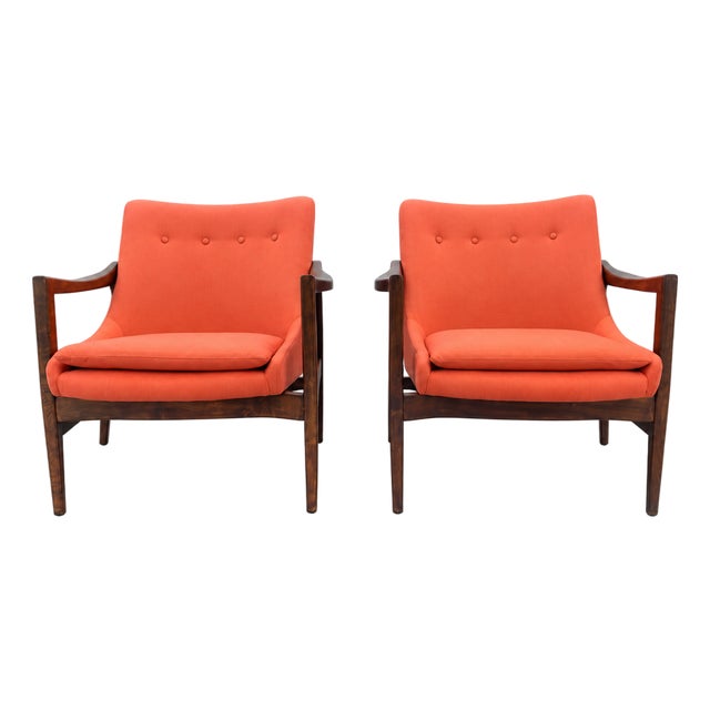 Modern Mid Century Style Lounge Chairs Solid Walnut Frames For Sale