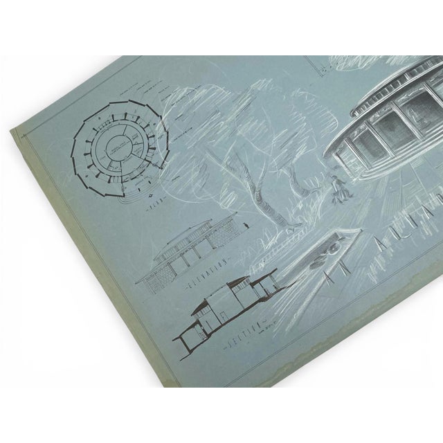 Paper Janet Bentley, Round Pavilion / Aquarium Study Architectural Presentation Drawing, 1953, Mixed Media on Paper For Sale - Image 7 of 14