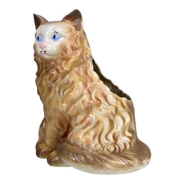 Mid-Century Figural Long-Hair Cat Porcelain Indoor Planter For Sale
