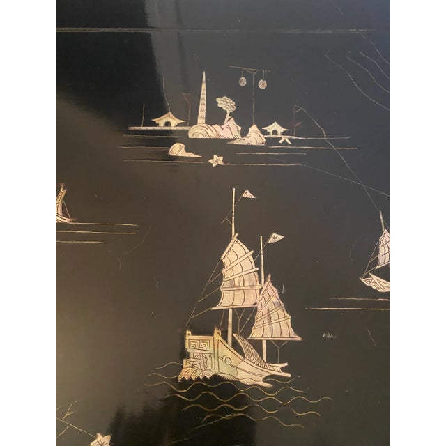 Vintage Black Lacquer Chinoiserie Wedding Chest With Mother of Pearl Inlay Sailboats and Island Scenes For Sale In Denver - Image 6 of 13