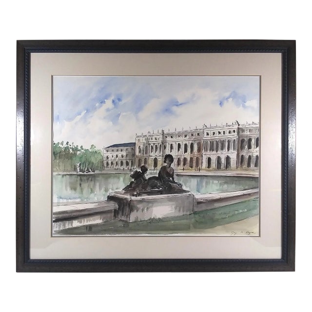 Mid 20th Century "Palace of Versailles" Watercolor and Ink on Paper by Guy De Neyrac, Framed For Sale