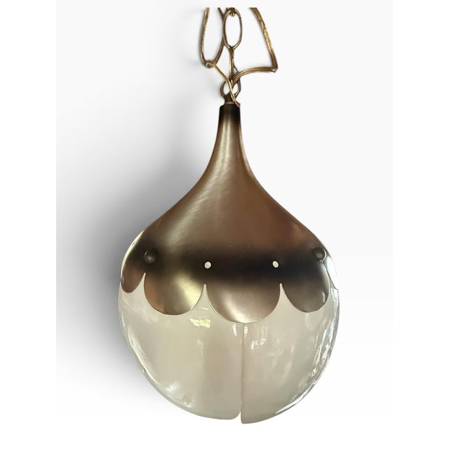 Vintage Mid Century Modern Tulip Milk Glass & Brass Hanging Pendant Lights, Pair For Sale In Miami - Image 6 of 10