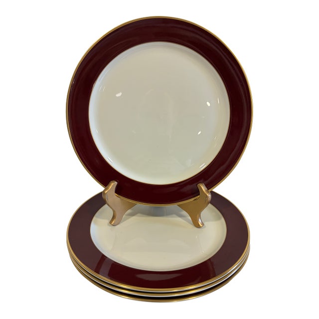 Vintage Pickard Ensemble Burgundy Gold-Trim Dinner Plates, Set of 4 For Sale