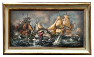 Sea Battle, English School Painting, Oil on Canvas, Framed