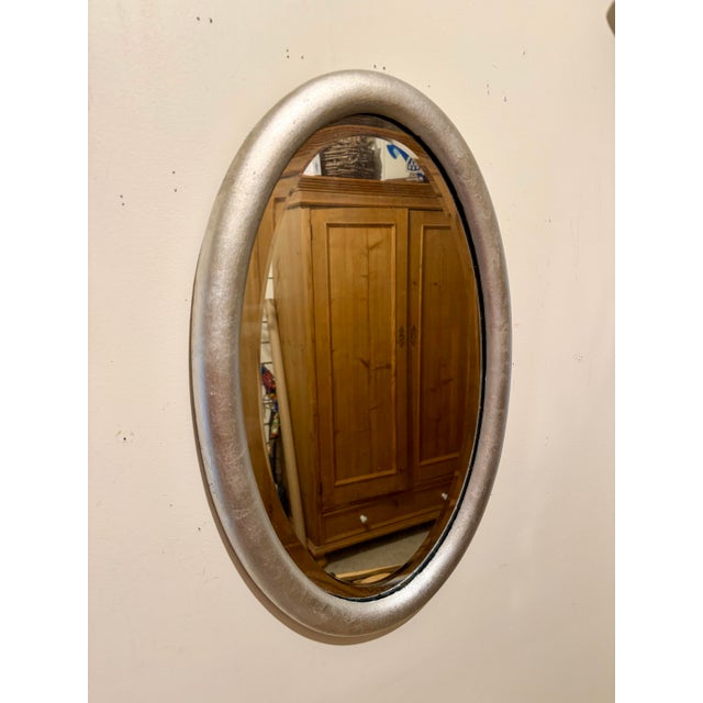 Hollywood Regency Antique Beveled Silver Leaf Oval Mirror For Sale - Image 3 of 11