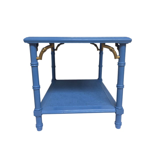 1970s 1970s Lane Altavista Wedgewood‑Blue Bamboo‑Style Table • Brass Brackets • Cane Shelf For Sale - Image 5 of 10