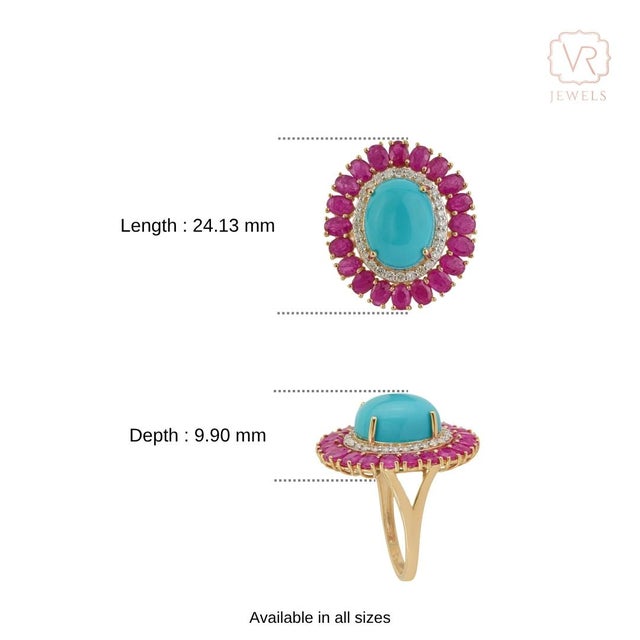 14k Yellow Gold 9.35ct Cabochon Turquoise Ruby & Diamond Halo Cocktail Ring Size 8 For Sale - Image 12 of 18