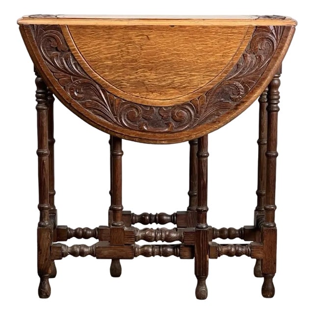 Antique English Oak Carved Gateleg Occasional Table C. Late 19th Century For Sale